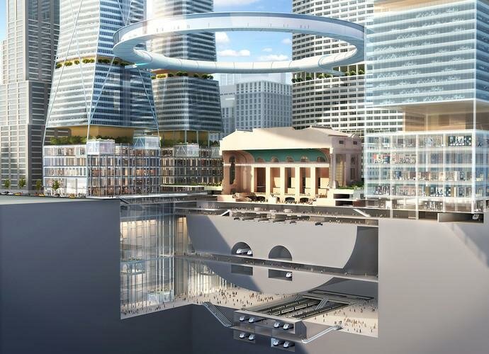 coupe passerelle circulaire new york buildings hauteur pietons Projet de passerelle circulaire en lévitation pour New York