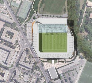 stade mosson plan masse 300x272 Réhabilitation et couverture du stade de la Mosson à Montpellier par A+ Architecture