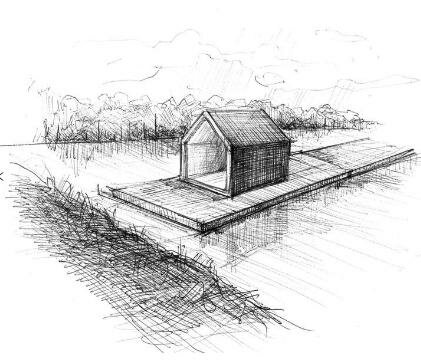 croquis maison cabane lac nature integration Cabane flottante sur les lacs de Loosdrecht par 2by4 architects