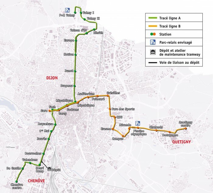 tracé itineraire tramway dijon 700x633 Début des travaux pour le tramway de lagglomération dijonnaise